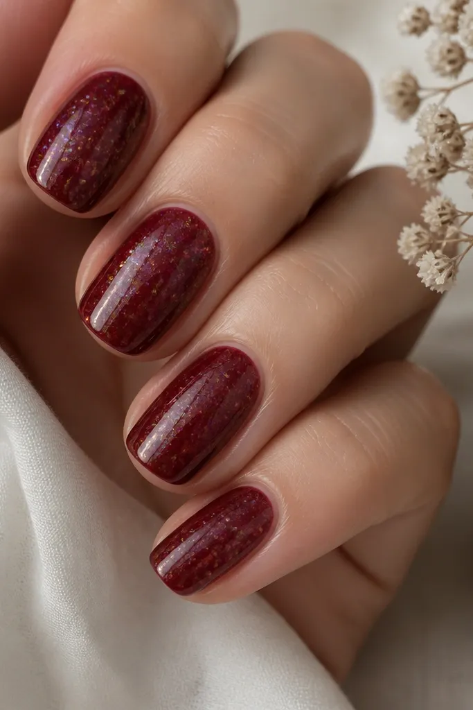 Nails painted dark cherry red with a fine opal flake overlay spread lightly across the surface. The flakes create a rainbow shimmer that looks like soft iridescence rather than chunky glitter.