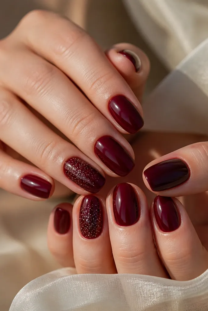 Glossy dark cherry red nails with one accent nail per hand. The accent nails have tiny micro-glitter specks scattered like stars, concentrated near the center and fading outward. The glitter is silver and subtle.