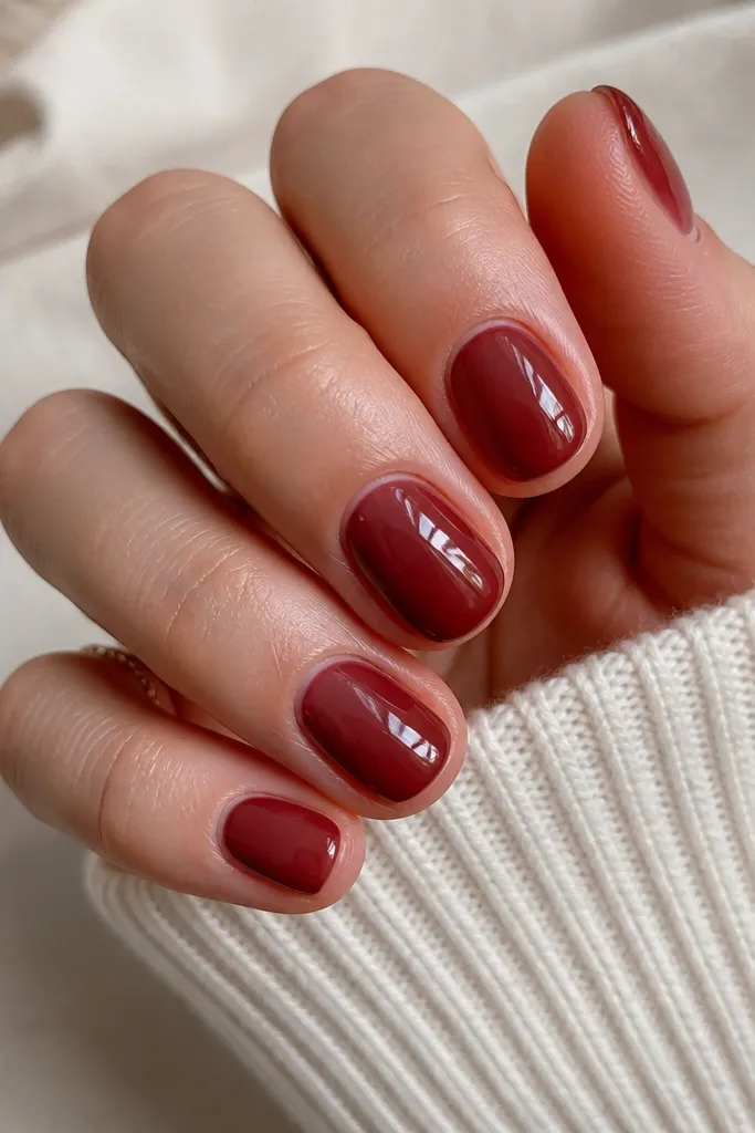 Short rounded nails with a nude base visible through a translucent dark cherry jelly top layer. The nails look glossy and slightly see-through, with a smooth jelly sheen and soft depth.