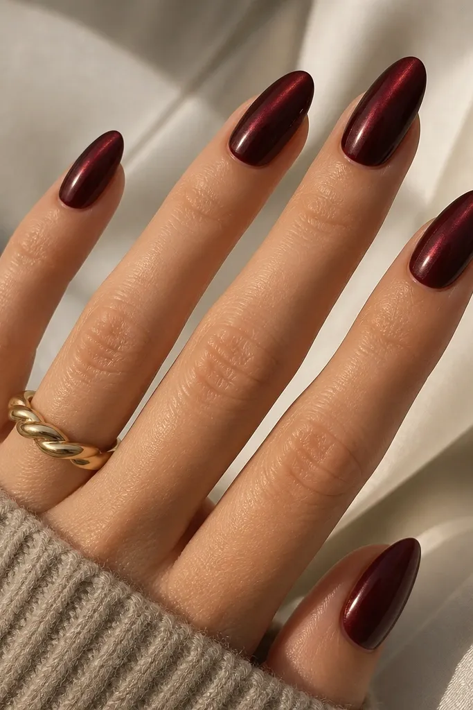 Almond nails coated in dark cherry red with a fine satin shimmer that looks like silk under light. There are no visible glitter particles, just a soft glow.