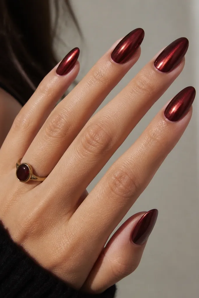 Dark cherry almond nails with a soft chrome dust effect - not full mirror, more like a smoky metallic sheen. The color shifts from deep red to warm copper under light.