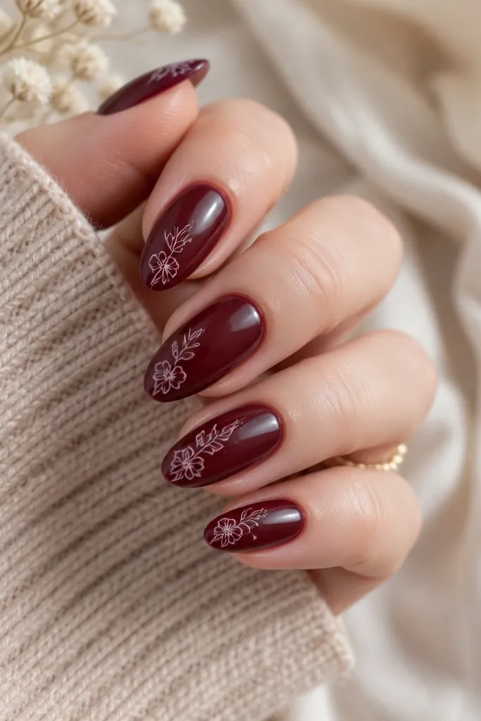 Dark cherry red almond nails with tiny white and pale pink floral line art on one side of each nail. The flowers look like thin sketches, not filled shapes.