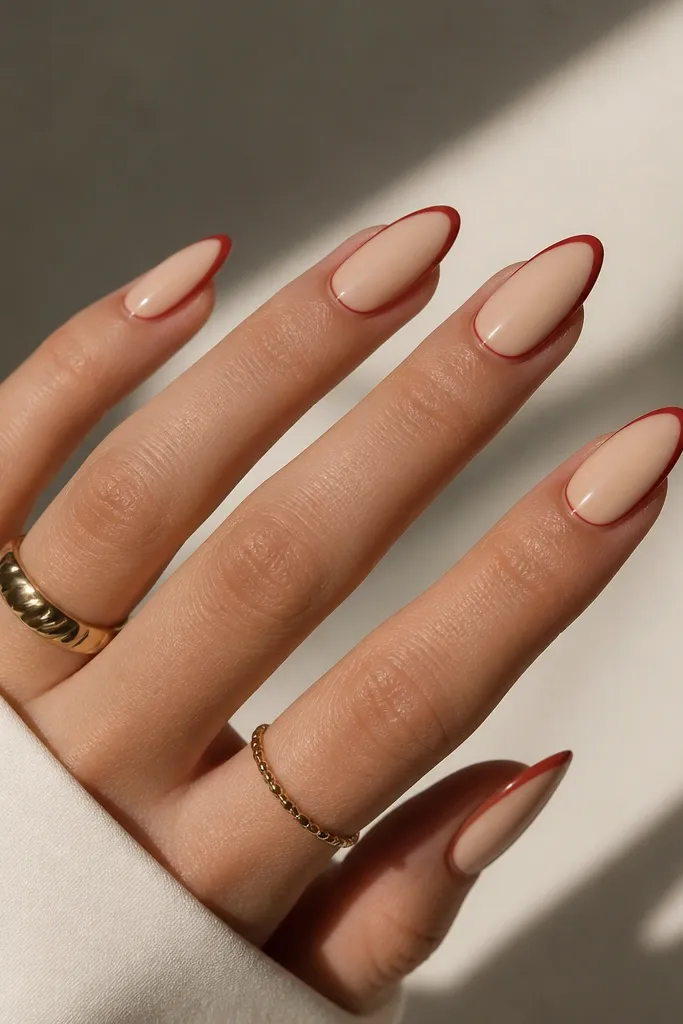 Dark cherry red nails with a thin lighter cherry outline that traces a frame around the nail shape. The outline is subtle and sits near the edges, with a glossy finish.