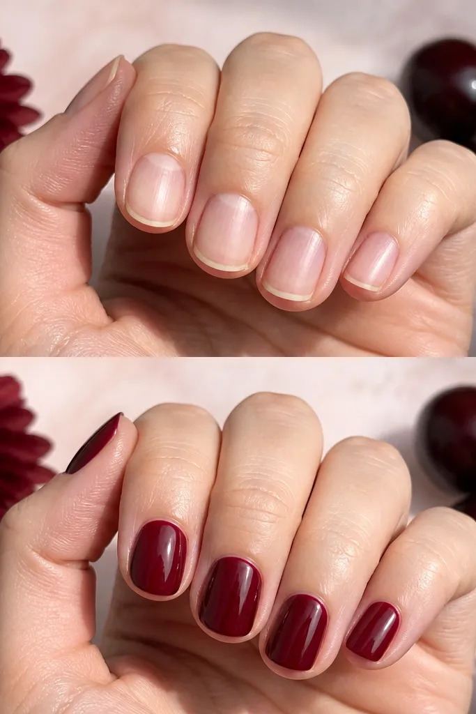 A set of short, rounded nails painted a deep wine-cherry red. The nails look uniformly glossy with crisp cuticle edges and smooth, rounded free edges. No nail art; just a clean, mirror-like shine under bright light.