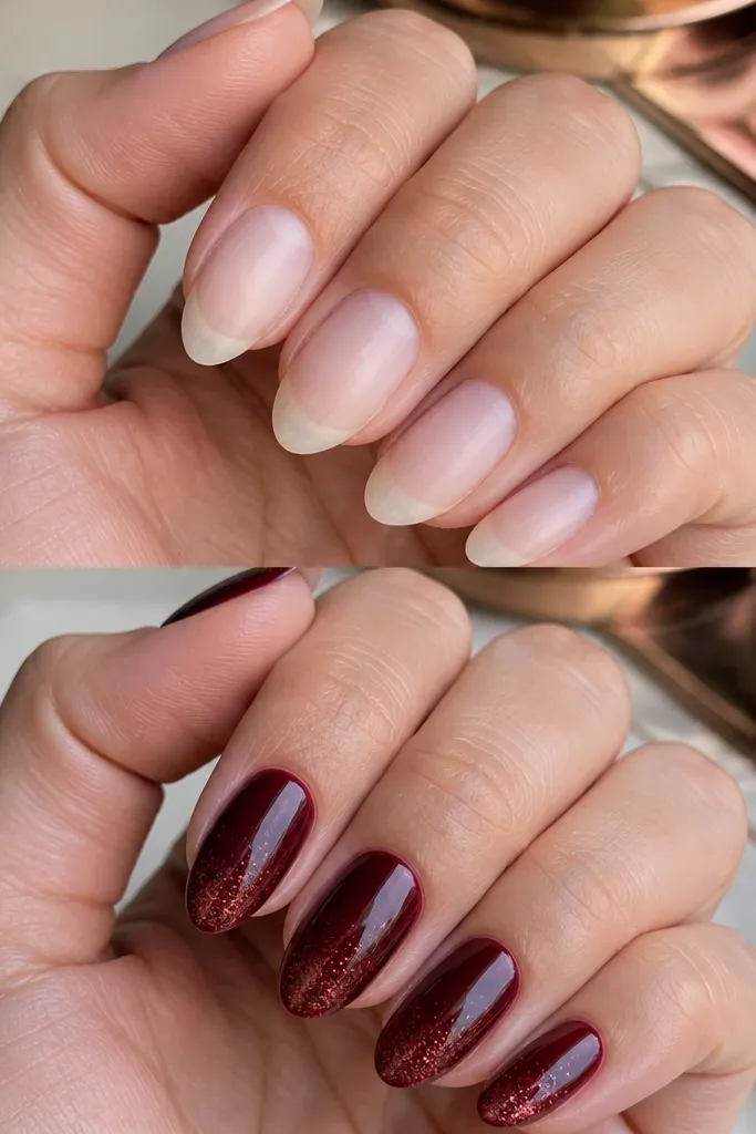 Medium almond nails in dark cherry red. The base is solid, and there's a subtle micro-glitter fade concentrated near the tips, blending softly upward. The overall look is glossy with a gentle sparkle only in the light.