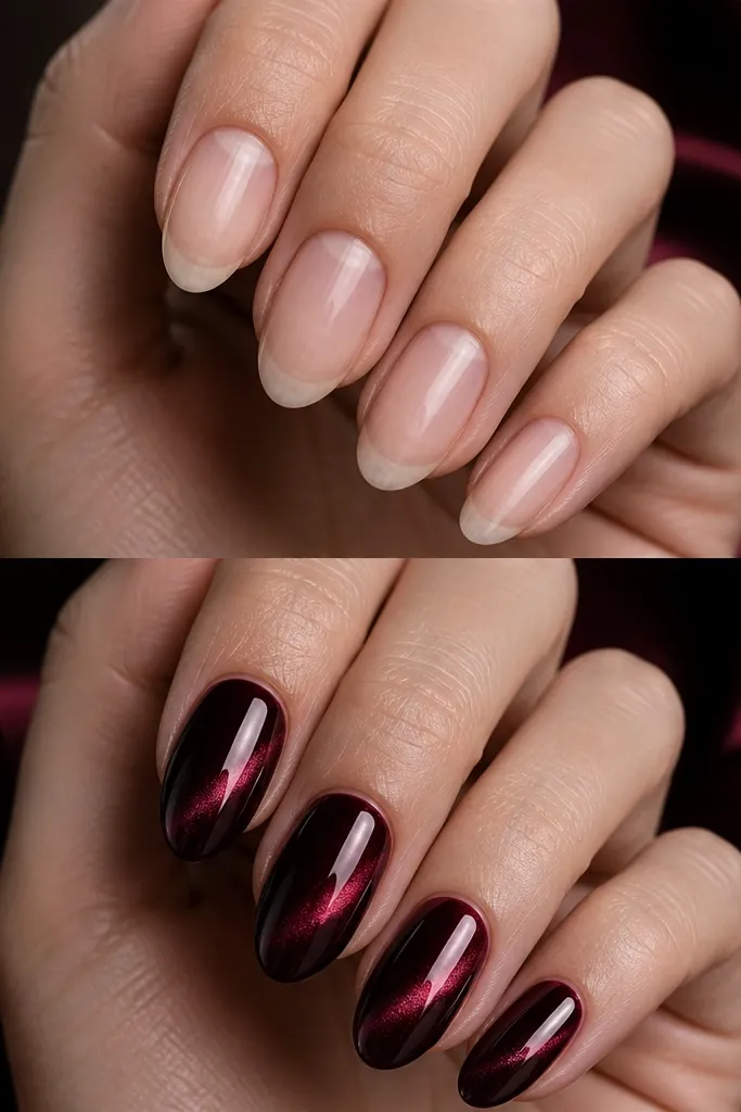 Almond nails painted dark cherry red with a cat-eye magnetic stripe running vertically through the center. The stripe is slightly darker and reflects a smooth, inky highlight. The nails are glossy and the magnetic line is crisp.