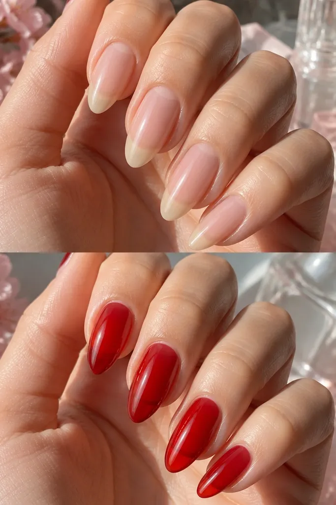 Glossy nails that look like stained glass. Dark cherry red is trapped under a clear, jelly-like layer, creating a smooth 3D depth. The nails are medium almond with a high-shine, glassy dome.
