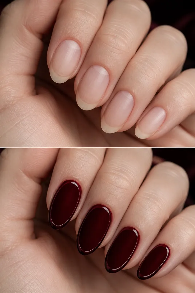 Short square-ish nails in dark cherry red with a matte, velvety finish. The very edge of each nail tip has a glossy strip, creating a two-tone matte-to-gloss effect. The cuticles are clean and the matte looks soft.