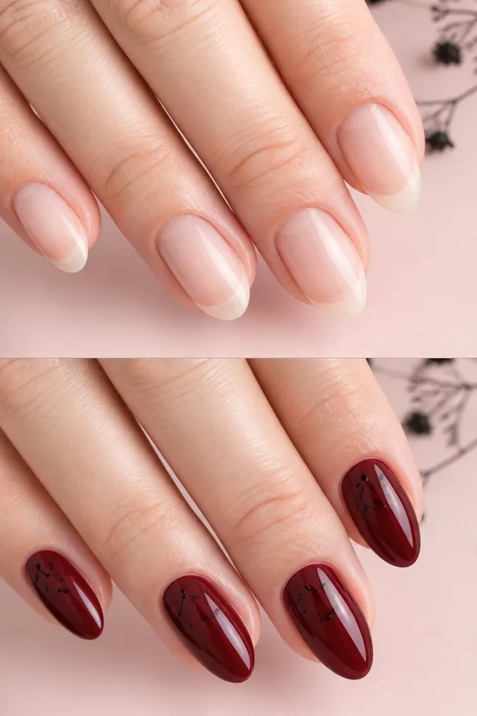 Almond nails in dark cherry red with tiny black dot clusters near the cuticle on each nail. The dots are small and spaced like a constellation, with a glossy finish. No big shapes, just delicate points.