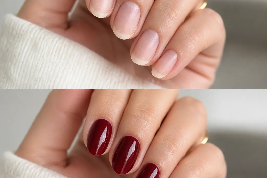 Dark Cherry Red Nails Before and After Transformation