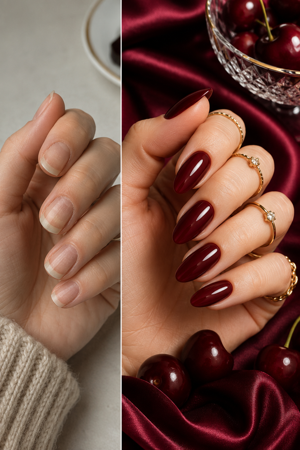 Dark Cherry Red Nails Before and After Transformation