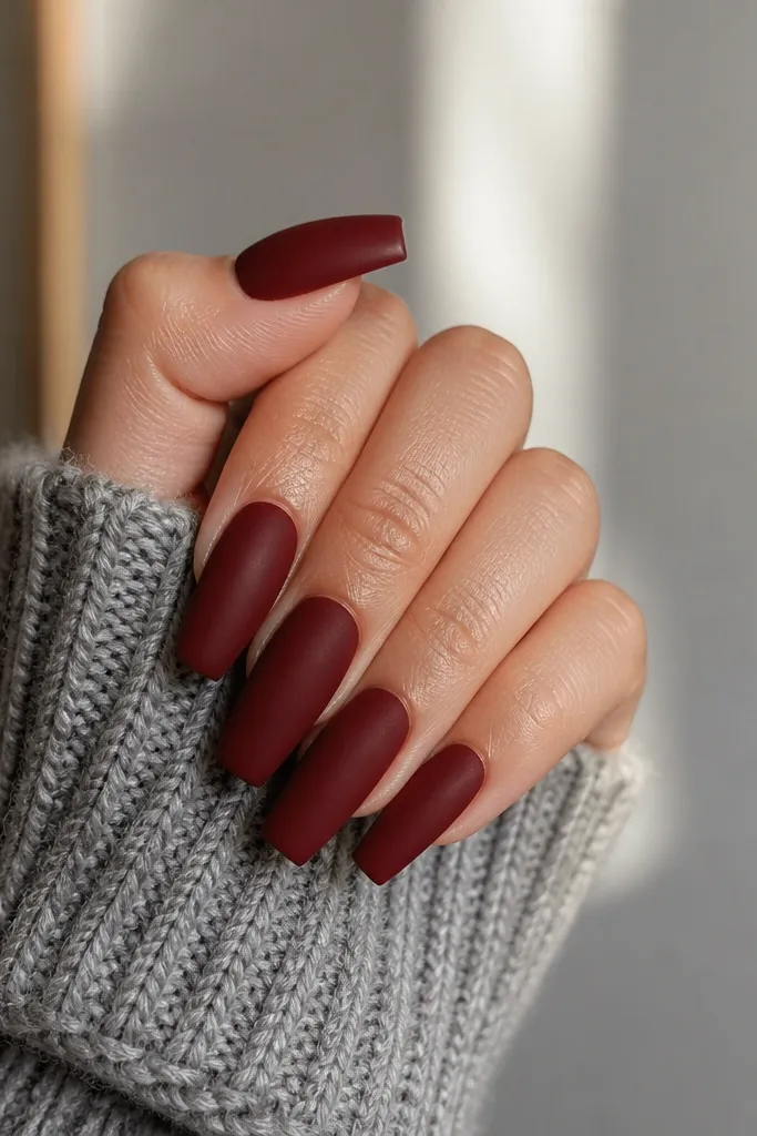 Coffin nails in deep dark cherry red with a soft matte finish, no shine, and a smooth velvety surface that looks slightly blurred under light.