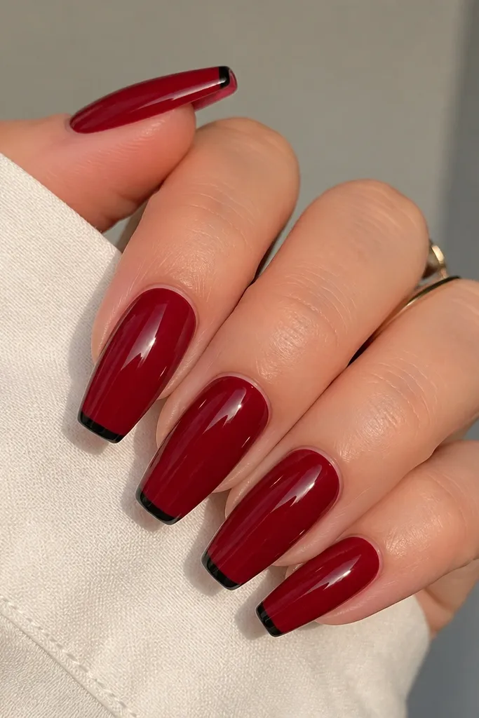 Glossy dark cherry red coffin nails with a thin black French tip line at the edge of the nail, very crisp and minimal.