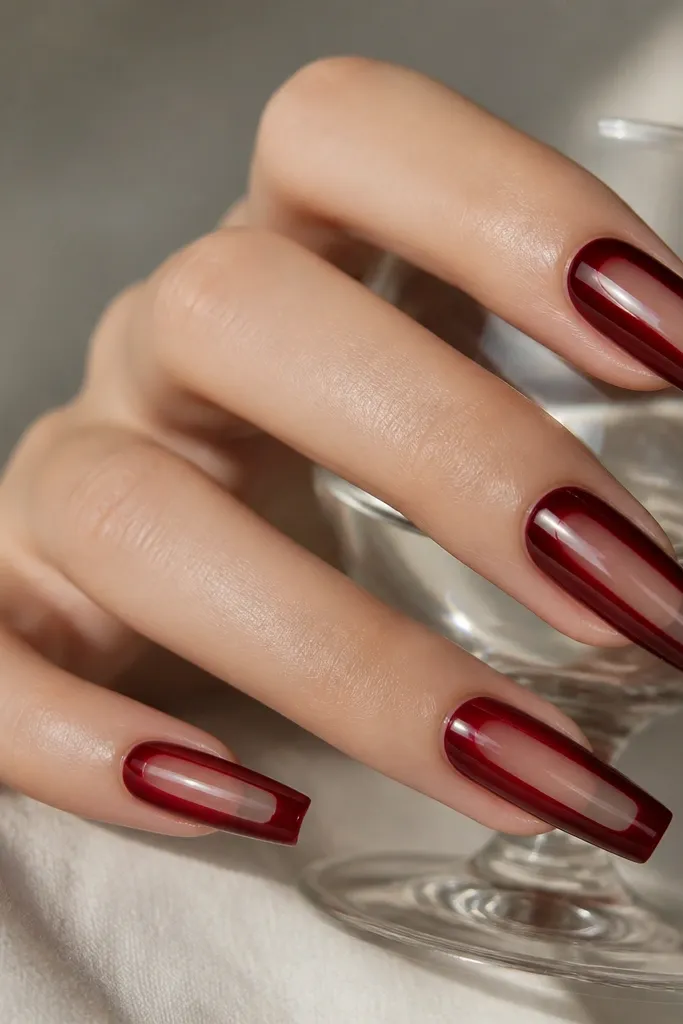 Coffin nails with dark cherry red on the sides and tip, leaving a clear or translucent vertical strip down the center; overall glossy and glass-like.