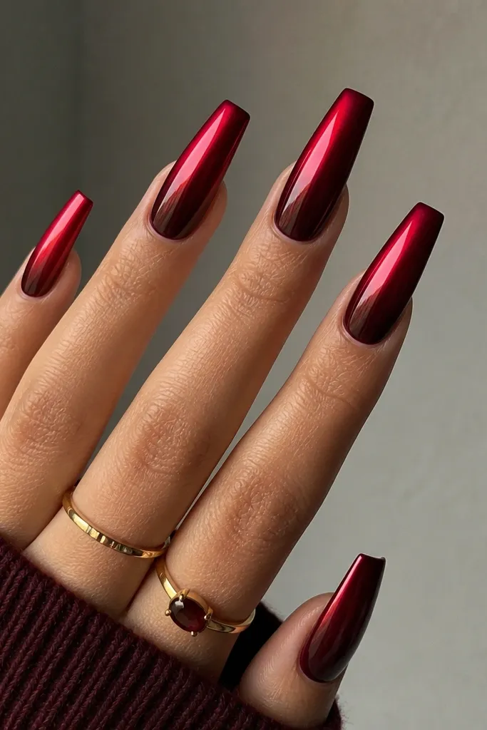 Coffin nails with a dark cherry red base that fades into a metallic cherry chrome shine toward the tip, glossy and reflective.