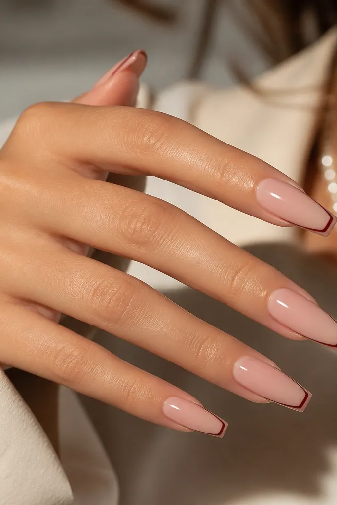 Coffin nails with a nude base and very thin dark cherry red micro French tips; the red tip is outlined by a narrow nude line for extra definition.