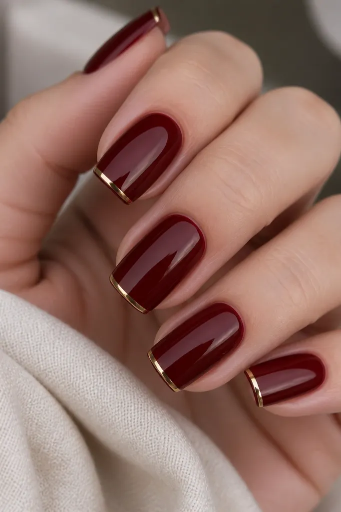Square dark cherry red nails with a very thin gold French line at the tips, clean straight edges, glossy finish, and no other decoration.