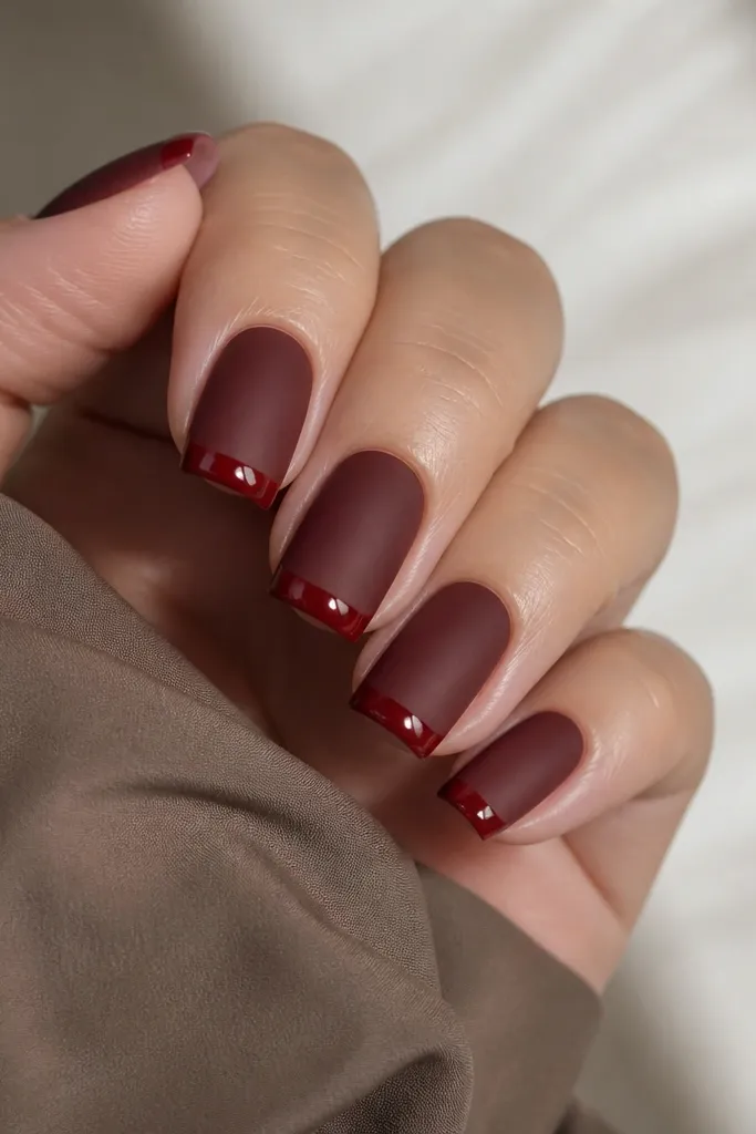 Square nails painted dark cherry red; the main nail is matte, while the very tips have a glossy cherry-red band creating a two-finish look.