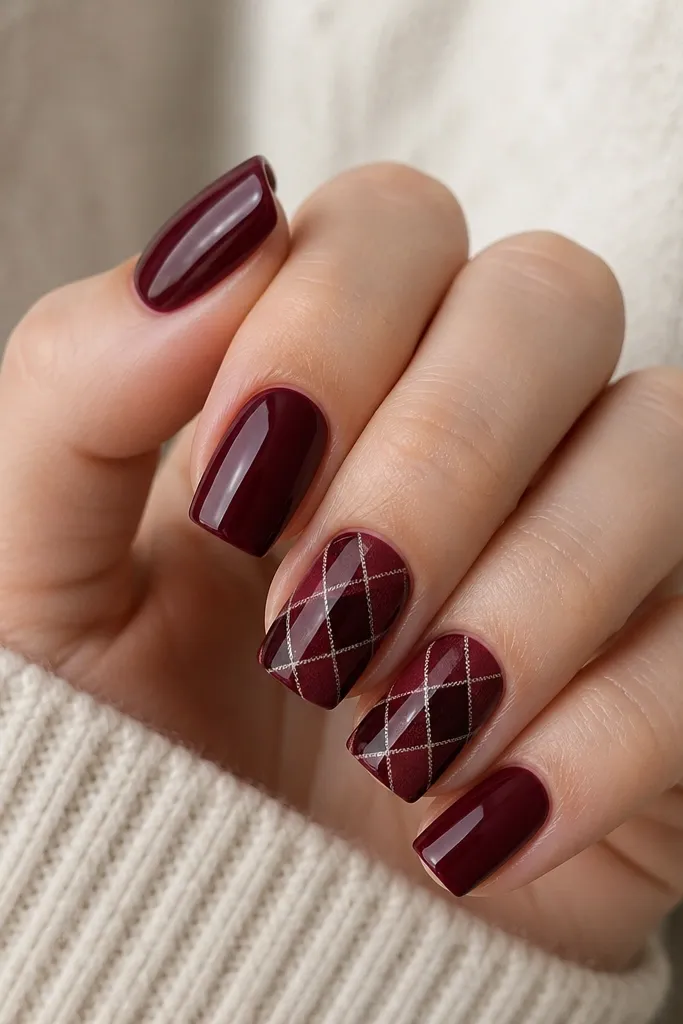 Dark cherry red square nails with a diagonal check pattern on one or two accent nails, using darker wine and a thin pale line, glossy overall.