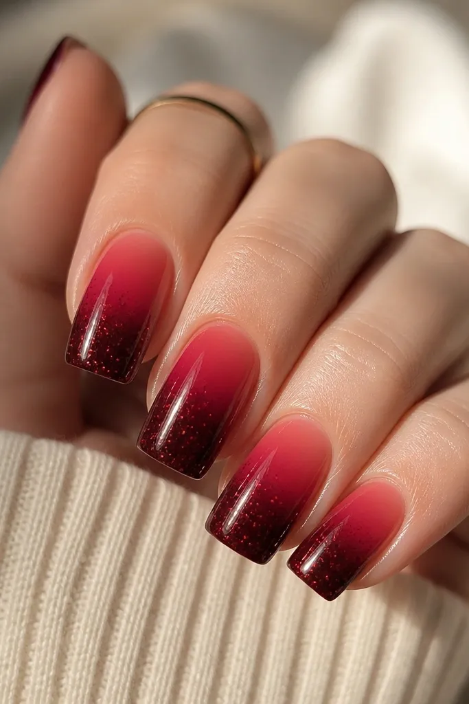 Square nails with dark cherry fading into a lighter cherry-red near the cuticle, plus micro-glitter concentrated at the tip, glossy top coat.