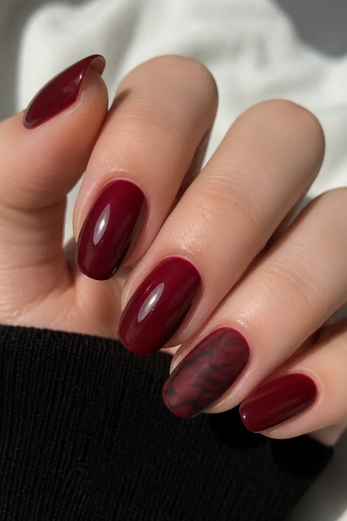 Most nails are solid dark cherry red glossy; one accent nail has a marbled pattern with black and lighter cherry veining, finished with a slightly velvet-matte top coat.