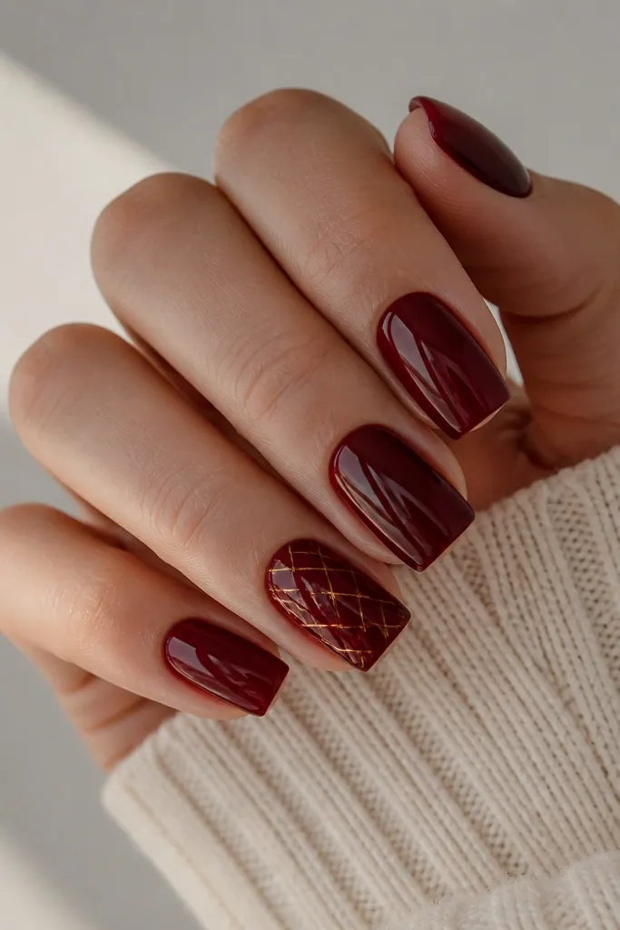 Dark cherry red square nails with thin gold crisscross lines forming a light lattice across one or two accent nails, glossy finish.