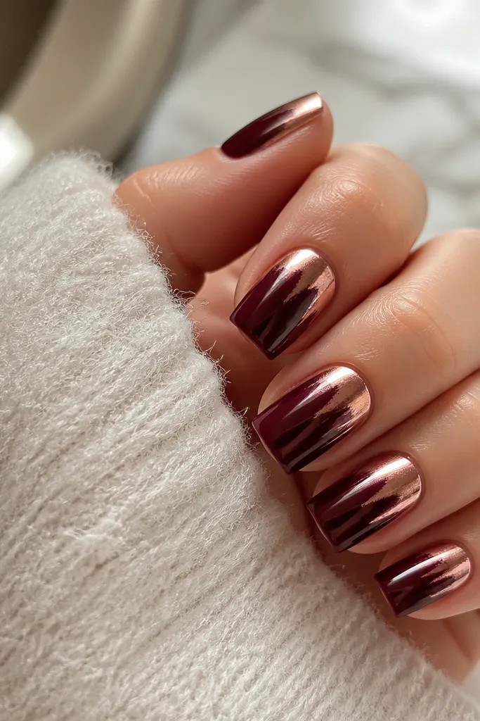 Square nails painted dark cherry red; the top half of the tip area has a mirror chrome fade in a rosy-gold tone, glossy overall.