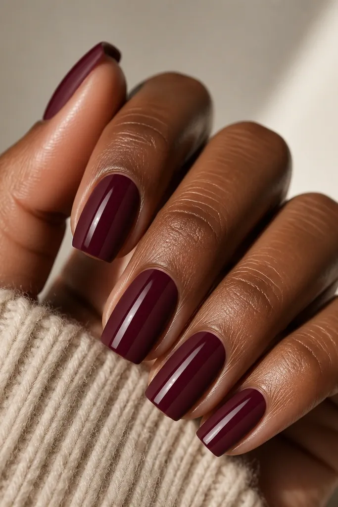 Square nails with matte dark cherry base; a single glossy stripe runs vertically down the center, glossy effect catches light.