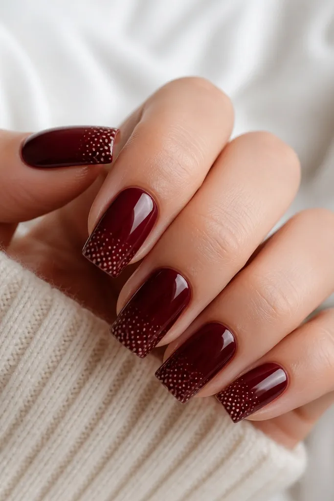 Square nails in dark cherry red with a fade near the tip; tiny nude micro dots form a polka pattern clustered at the tip and thinning toward the center, glossy top coat.