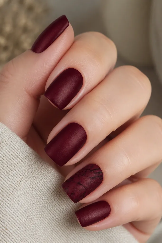 Dark cherry red square nails with a slightly textured velvet glaze finish; one accent nail has thin black vein lines like smoked stone, matte to satin finish.