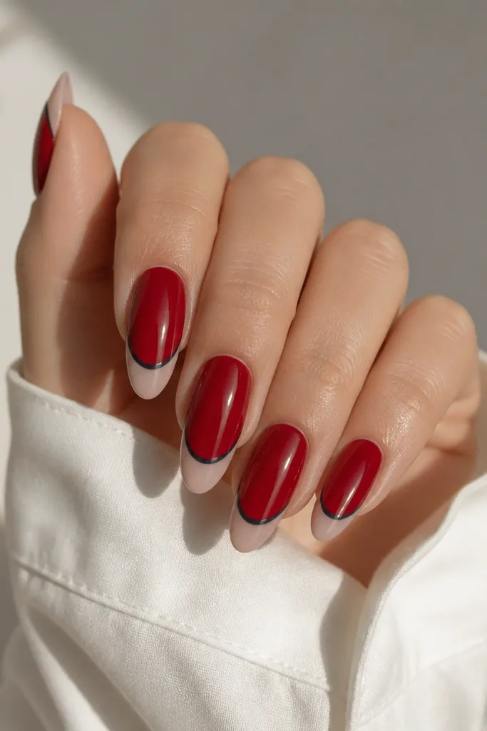 Almond nails painted dark cherry red. The French tip is in a sheer nude base, outlined with a thin navy ink line following the smile curve, with glossy top coat.