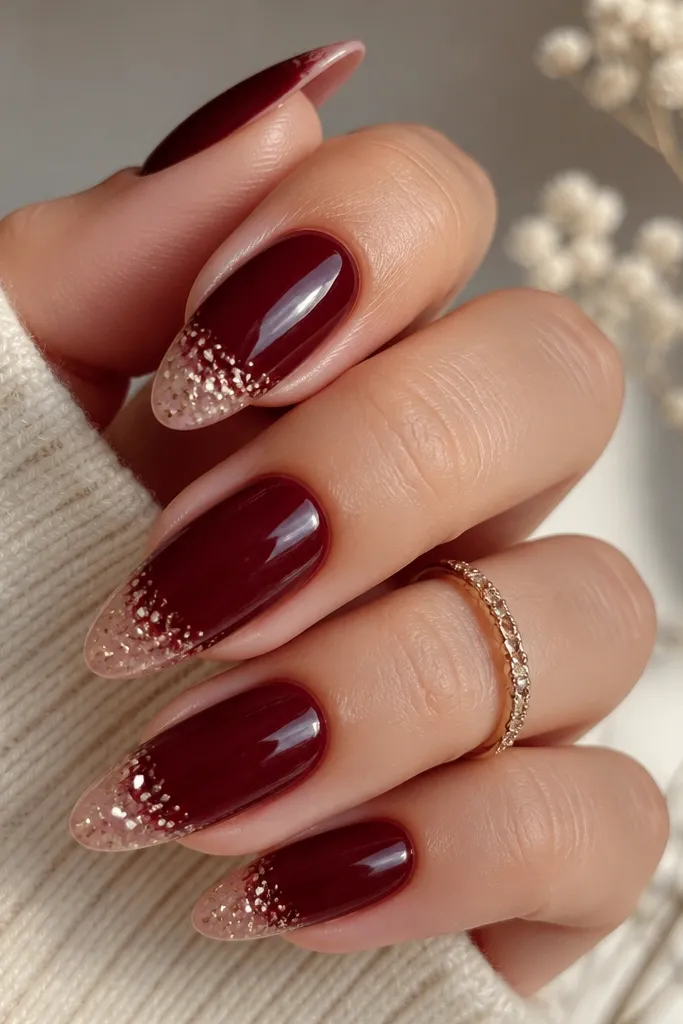 Almond nails in deep dark cherry red. The French tip is nude, sprinkled with champagne glitter confetti pieces concentrated at the edge and scattered lightly inward.