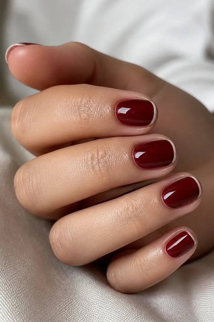On a hand with short, rounded nails, the base is dark cherry red glossy. The French tip is a crisp white line only about the thickness of a single brush hair, sitting just before the free edge. The rest of the tip area stays clear, so the white line looks like a razor-thin border.