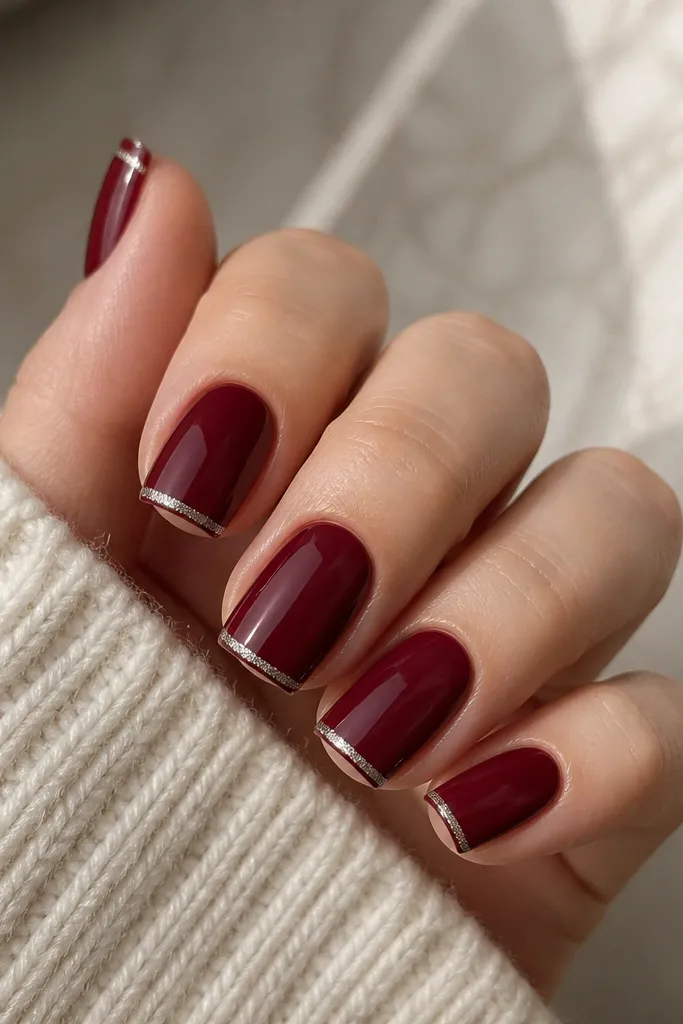 Glossy dark cherry red nails with a thin French tip line made of fine silver micro glitter. The glitter sits only on the tip band, leaving the rest of the nail solid. The glitter line is straight and slightly angled upward at the corners.