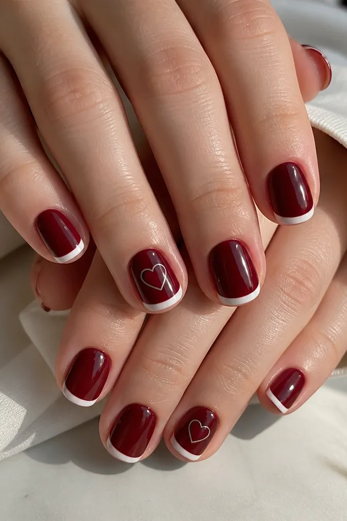 Short rounded nails in glossy dark cherry red. The French tips are a clean white line with a small, single heart icon in the center of two accent nails. The hearts are outlined in black and filled with a slightly lighter cherry tone.