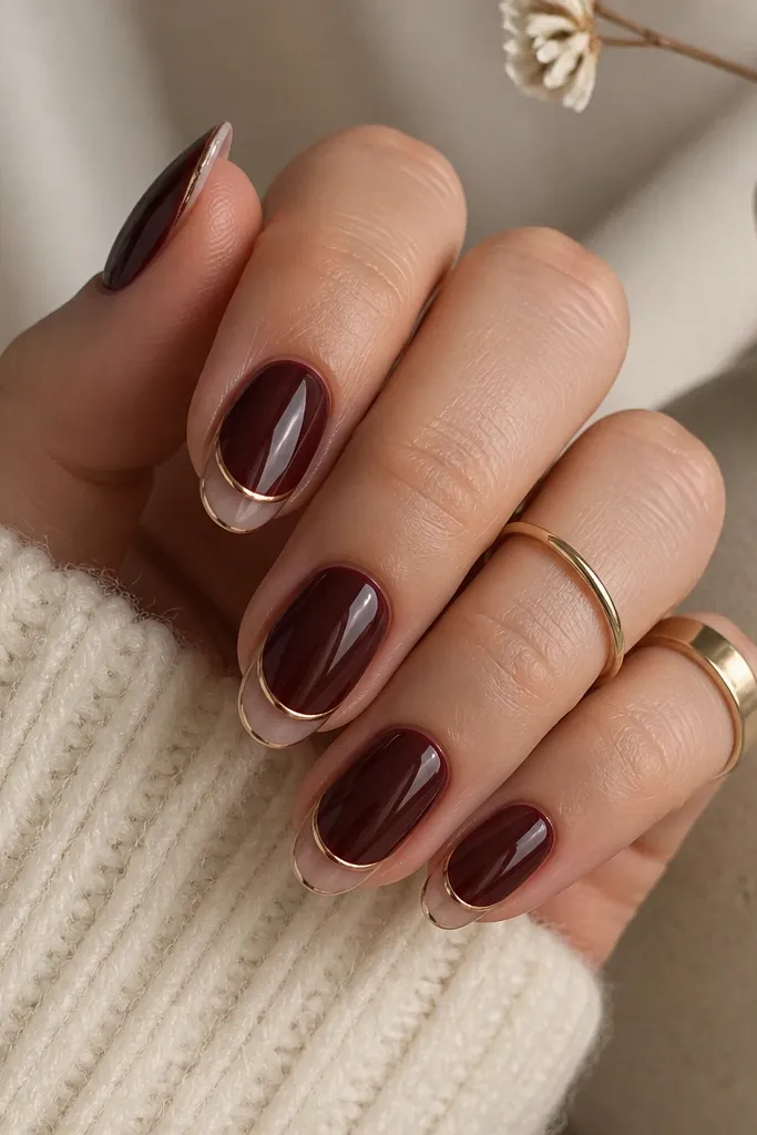 Glossy dark cherry nails with a French tip that is filled in clear or nude, while a rose gold outline traces the tip curve. The outline is thin and metallic, with a slight warm shimmer. The overall look is minimal and clean.