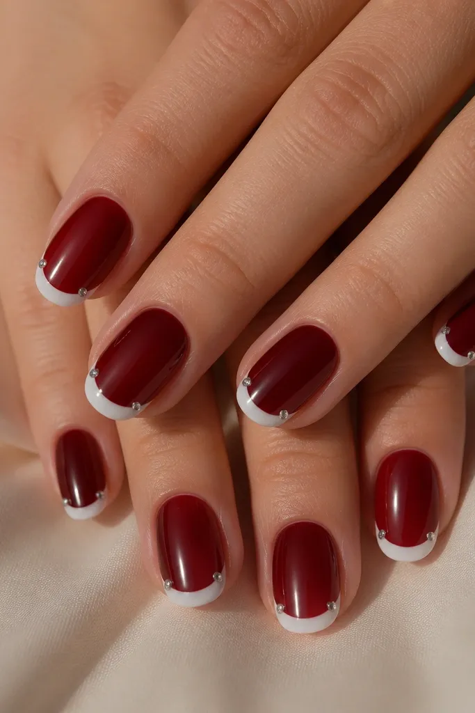 Glossy dark cherry red nails with a classic white French tip. At each corner where the tip meets the nail sides, there's a single tiny clear rhinestone stud. The studs are set symmetrically and sparkle under light.