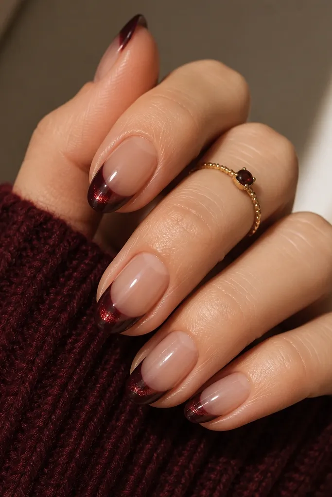 Long oval nails in glossy dark cherry red base. The French tip fades upward into a shimmery burgundy ombre, where the tip edge is brighter and lighter, then gradually blends back into the base. The fade is smooth with no harsh line.