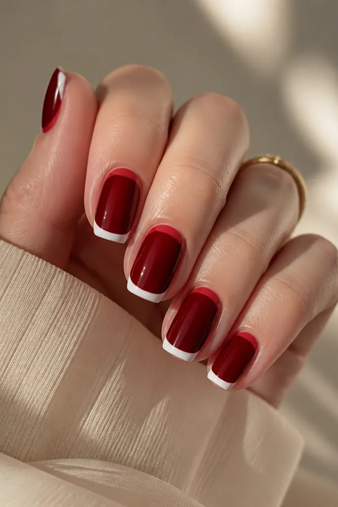 Glossy dark cherry red nails with a classic white French tip. Near the cuticle, there's a thin half-moon line in a lighter cherry shade that sits just under the cuticle, like a reverse accent. The white tip and the lighter half-moon both have crisp edges.