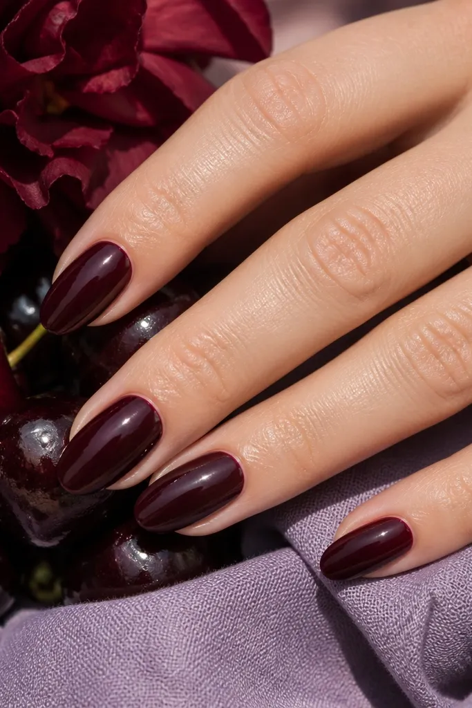 A hand with medium almond nails painted a deep cherry-red that looks slightly purple in bright light; the cuticle line is crisp and the nails have a high-gloss shine.