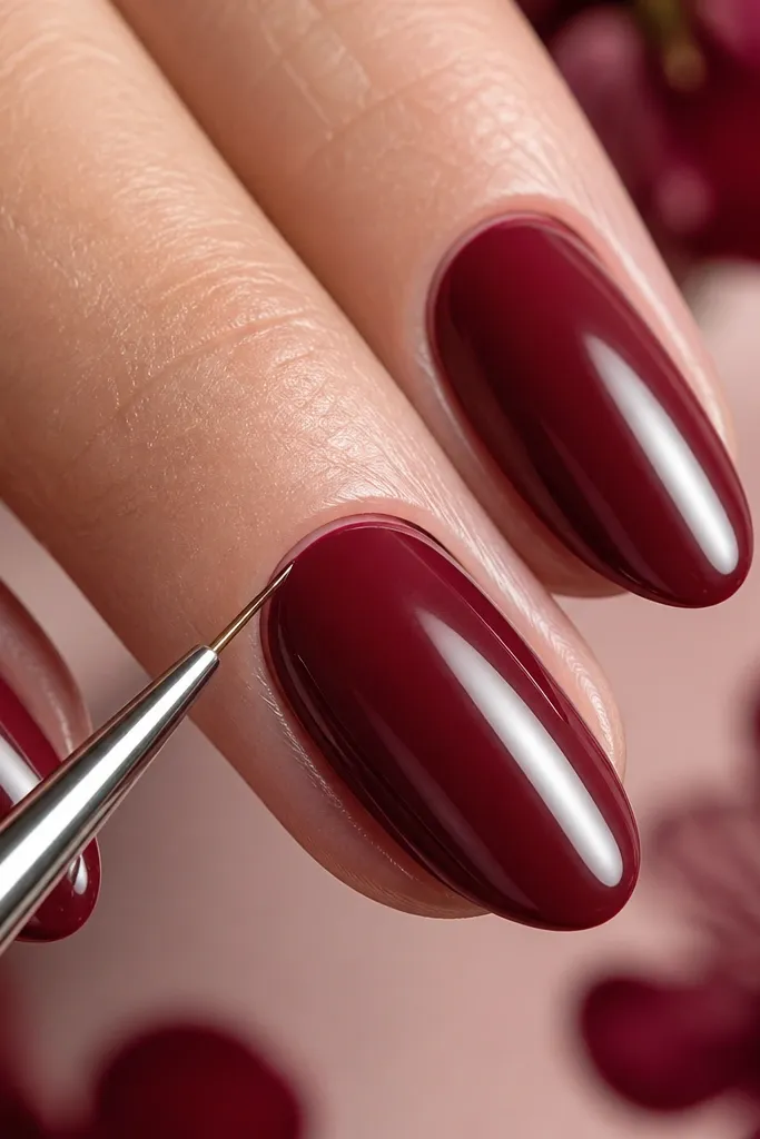 Close-up of nails showing a clean 1mm gap between the polish and the cuticle; the border is even across all nails and the rest is glossy.