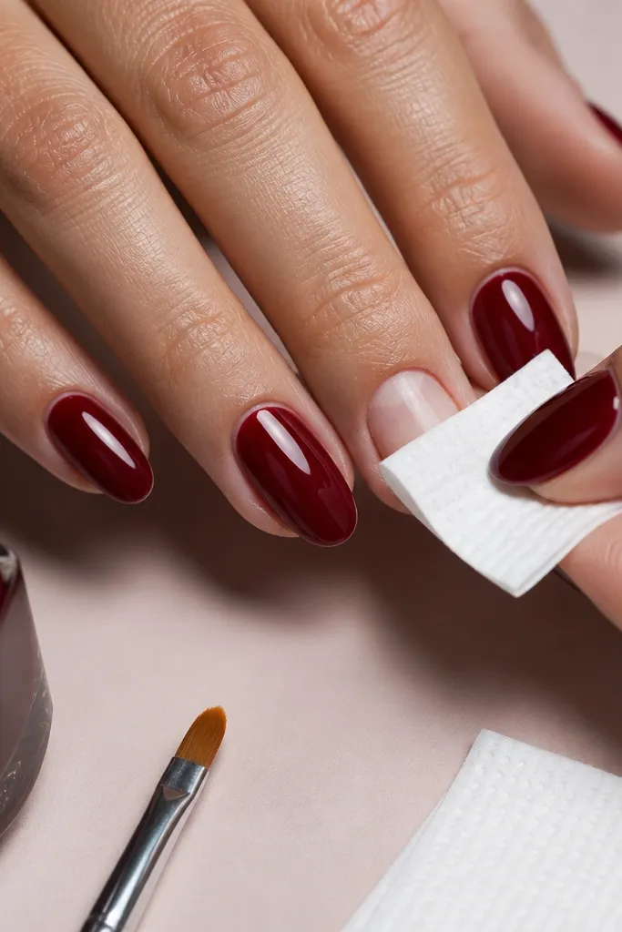 A prep station with a clean nail surface; nails have a smooth base coat with no bubbles, and the final dark cherry color looks even.