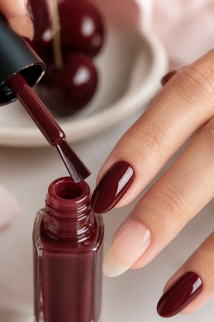 Close-up of a nail brush with excess polish wiped on the bottle rim; the resulting nail paint shows a controlled, thin coat with no flooding.