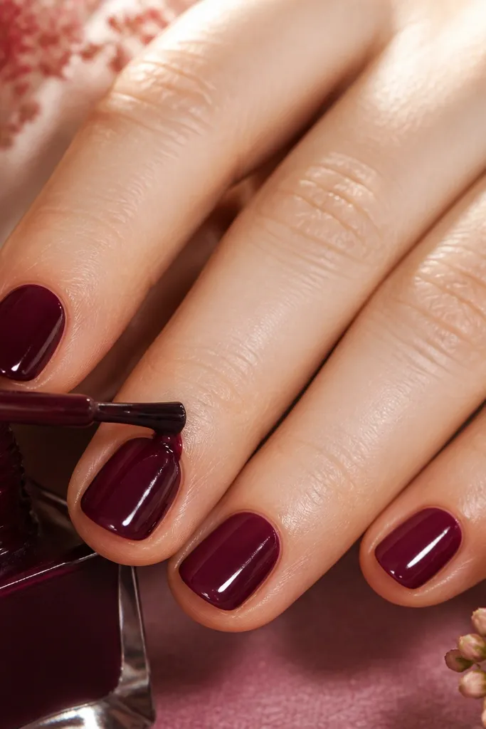 Short squoval nails painted dark cherry with even opacity; the polish stops cleanly at the cuticle border and the tips are sealed with no thick edge.