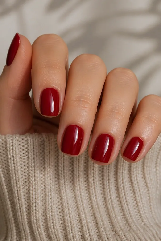 Short, soft-square nails painted a deep cherry red with a mirror-like glossy finish; cuticles are neat and the color is evenly opaque across all nails.