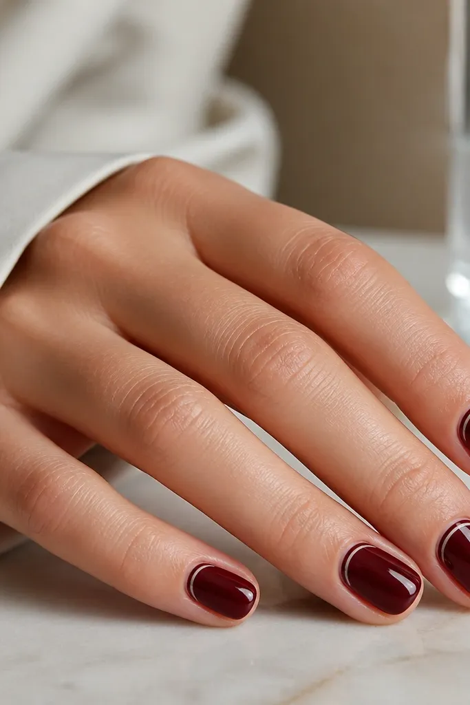 Short nails with dark cherry red base; a very thin pale rose line sits right under the cuticle curve, plus a glossy top coat.