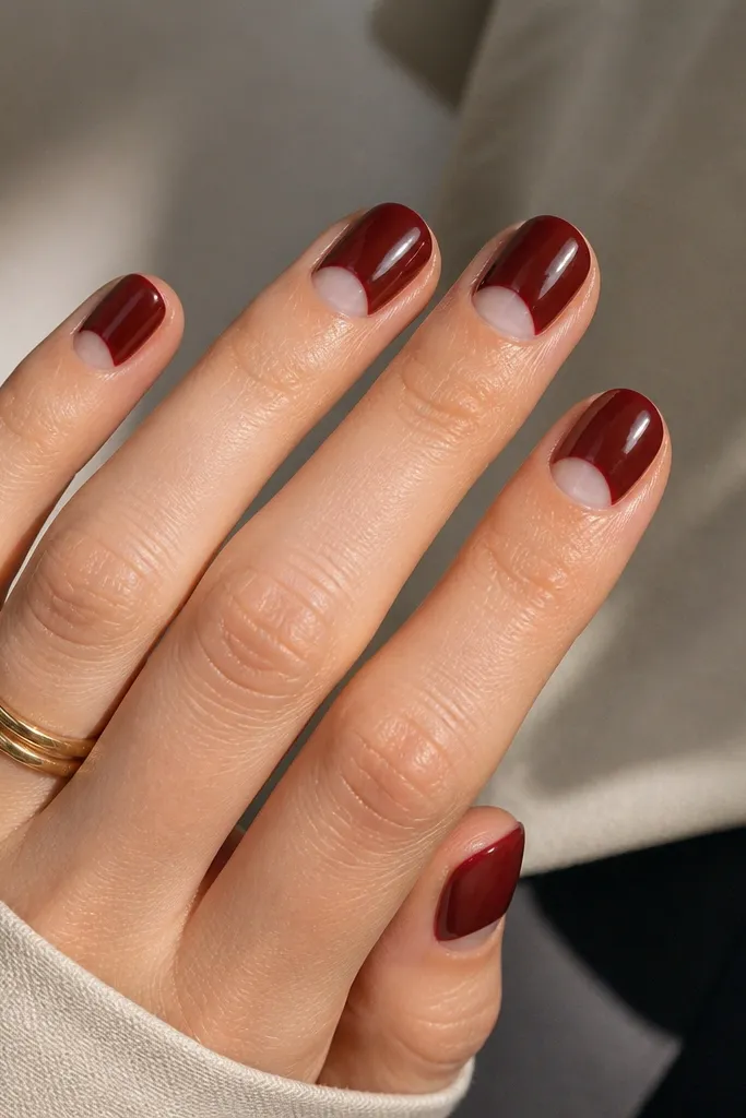 Short nails with a dark cherry red base; a clean half-moon cutout near the cuticle is filled with a translucent nude pink, leaving a crisp border.