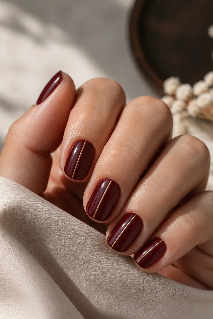 Short dark cherry red nails with a single thin gold stripe running vertically from near the cuticle to the tip; glossy finish.