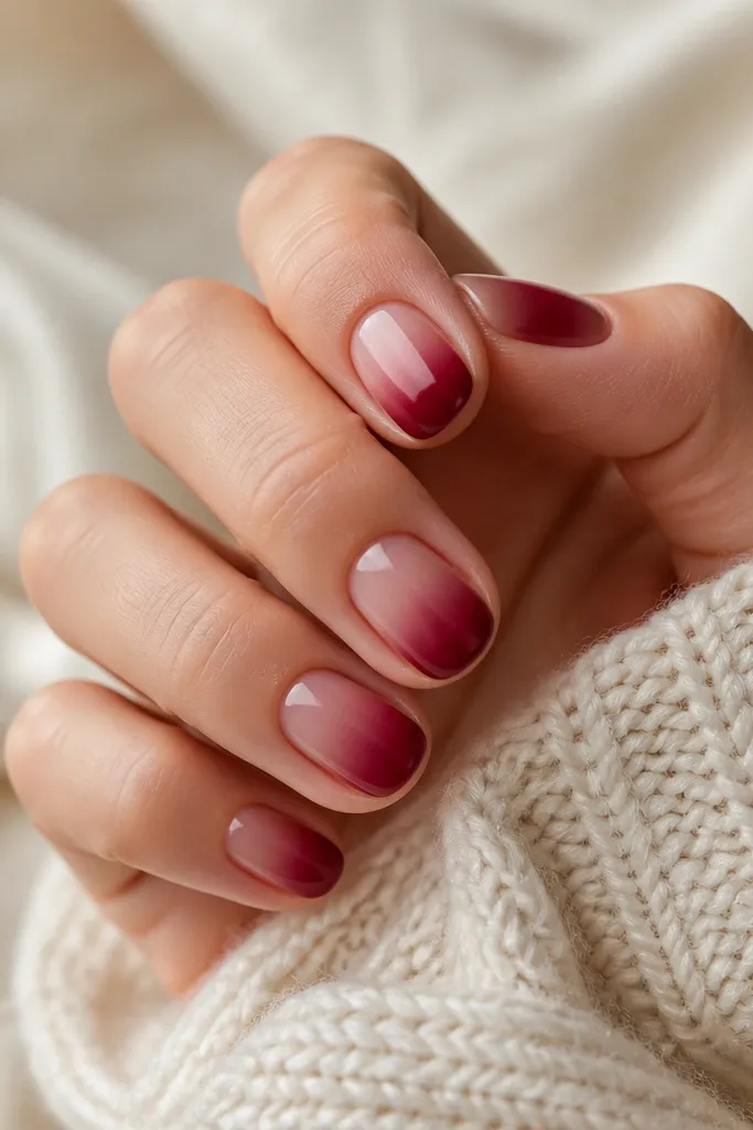Short nails with a nude base fading into dark cherry red toward the tip; the blend is smooth and glossy.