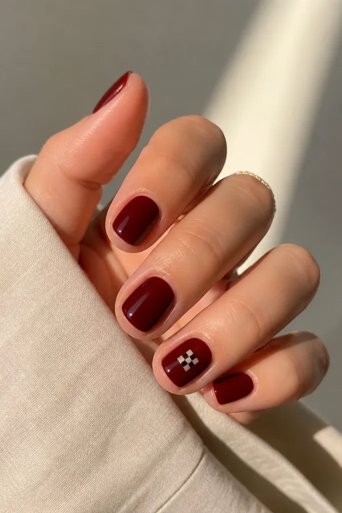 Short nails painted dark cherry red; one accent nail has a tiny black-and-nude checkerboard pattern near the center, with glossy shine.